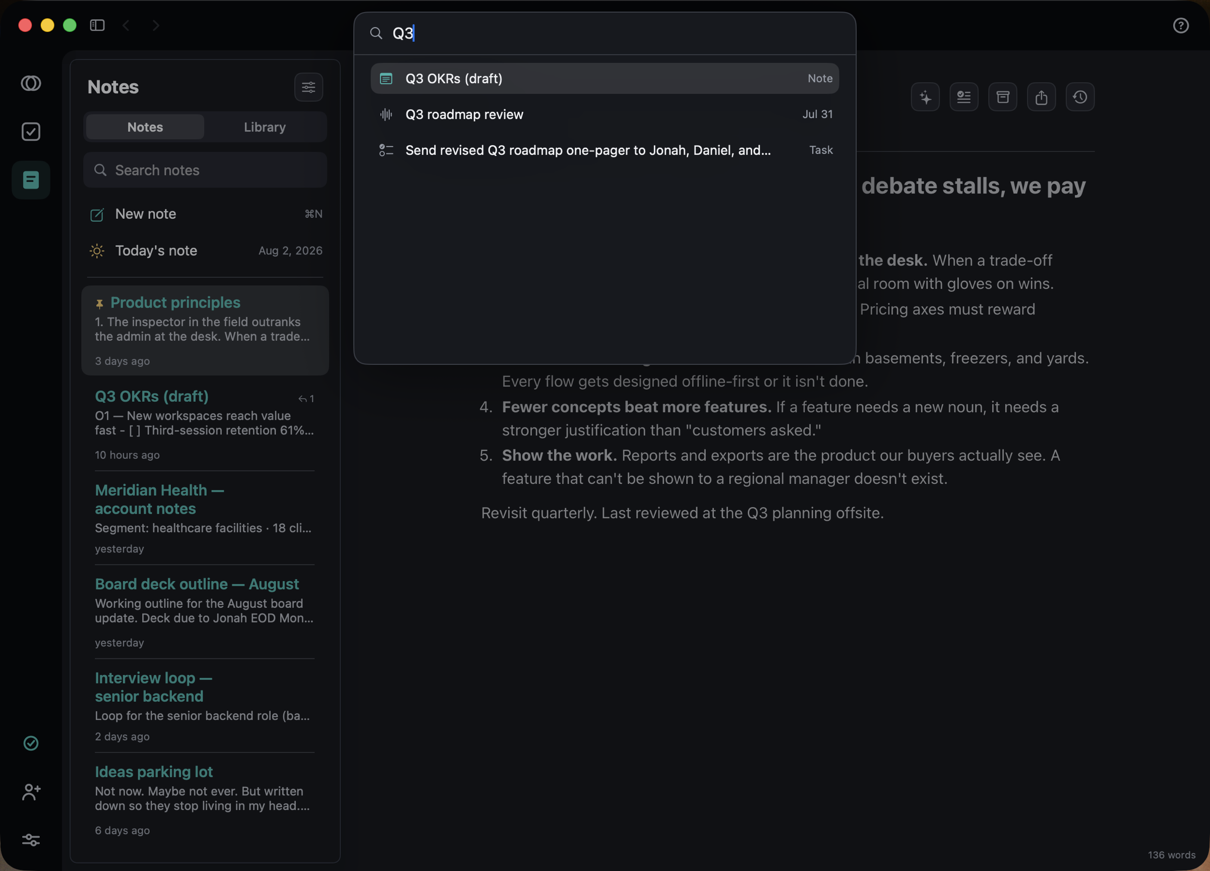 Quick Open searching for Q3: one list returning a note, a meeting and a task together.