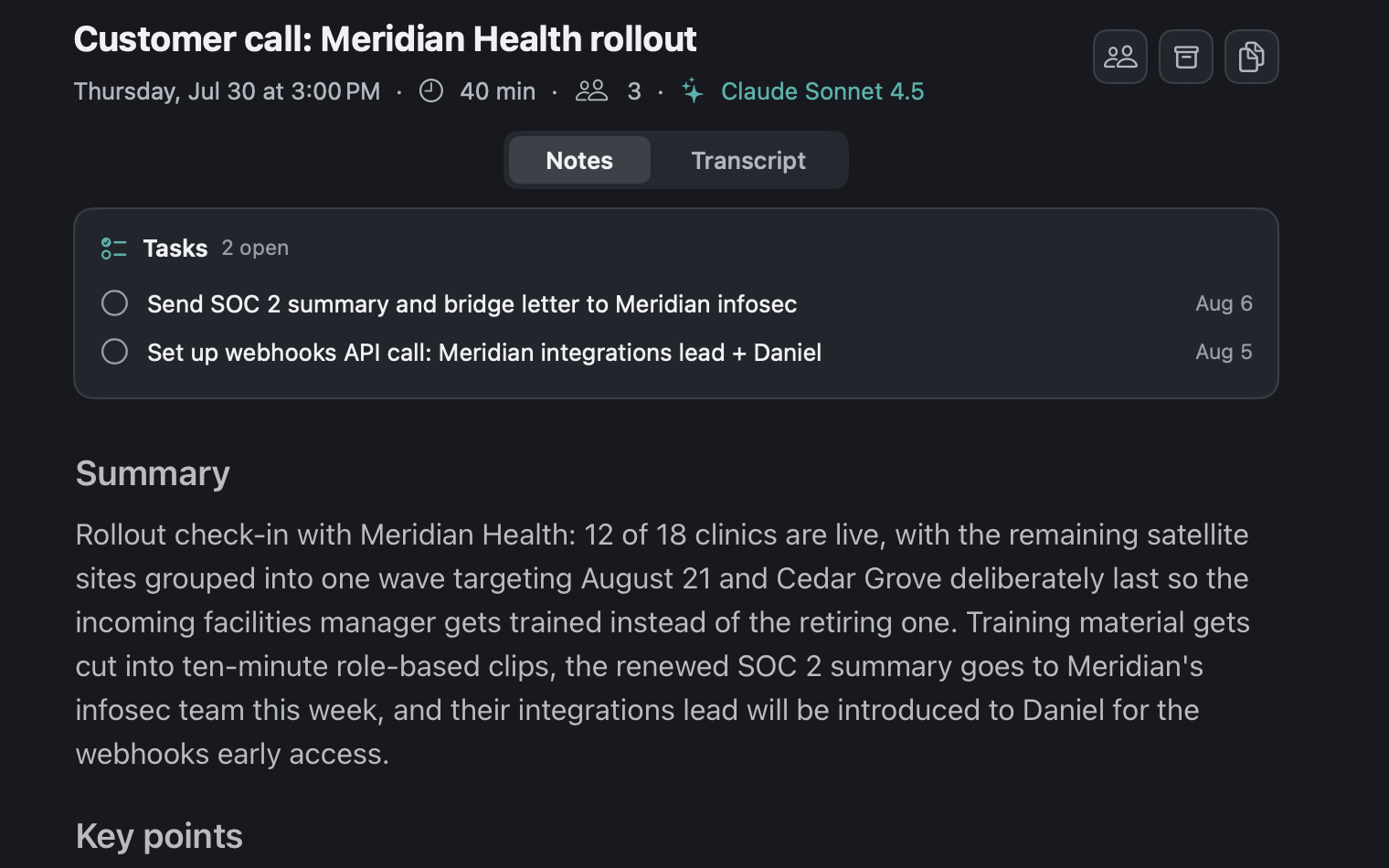 A finished meeting: the metadata header, the Tasks card of extracted action items, and the written-up notes below.