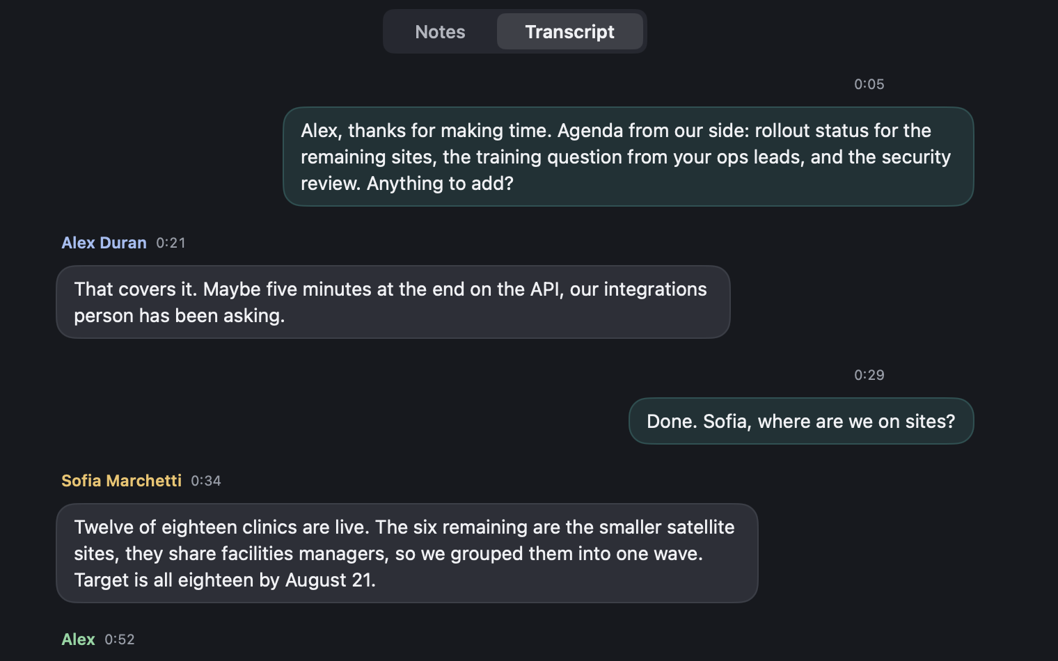 The transcript tab: bubbles alternating sides with speaker names and timestamps.