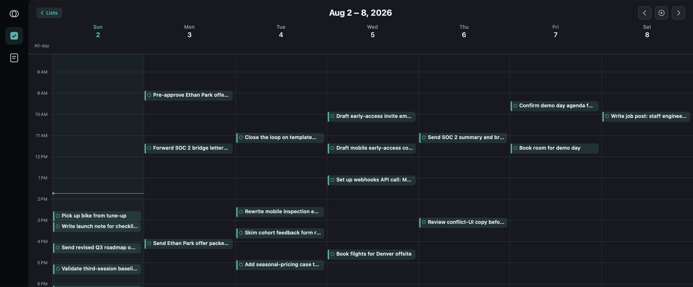 The Tasks calendar week view: scheduled task blocks across the week and the current-time line.
