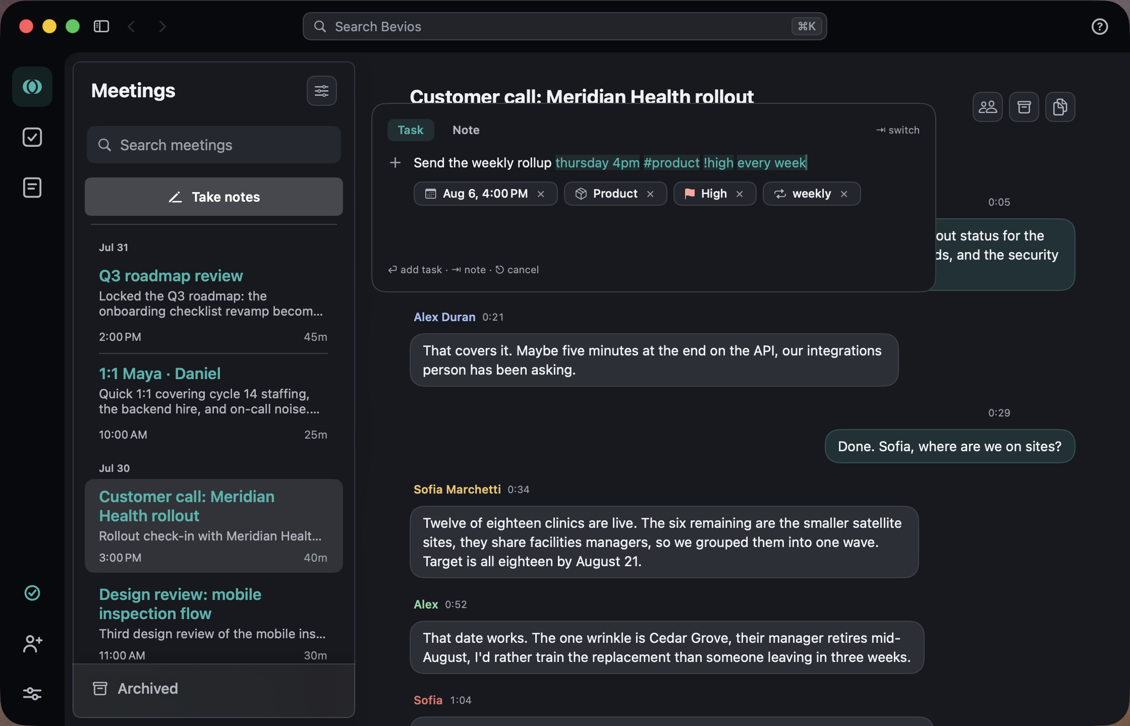 The capture panel: one typed line resolving into date, list, priority and repeat chips.