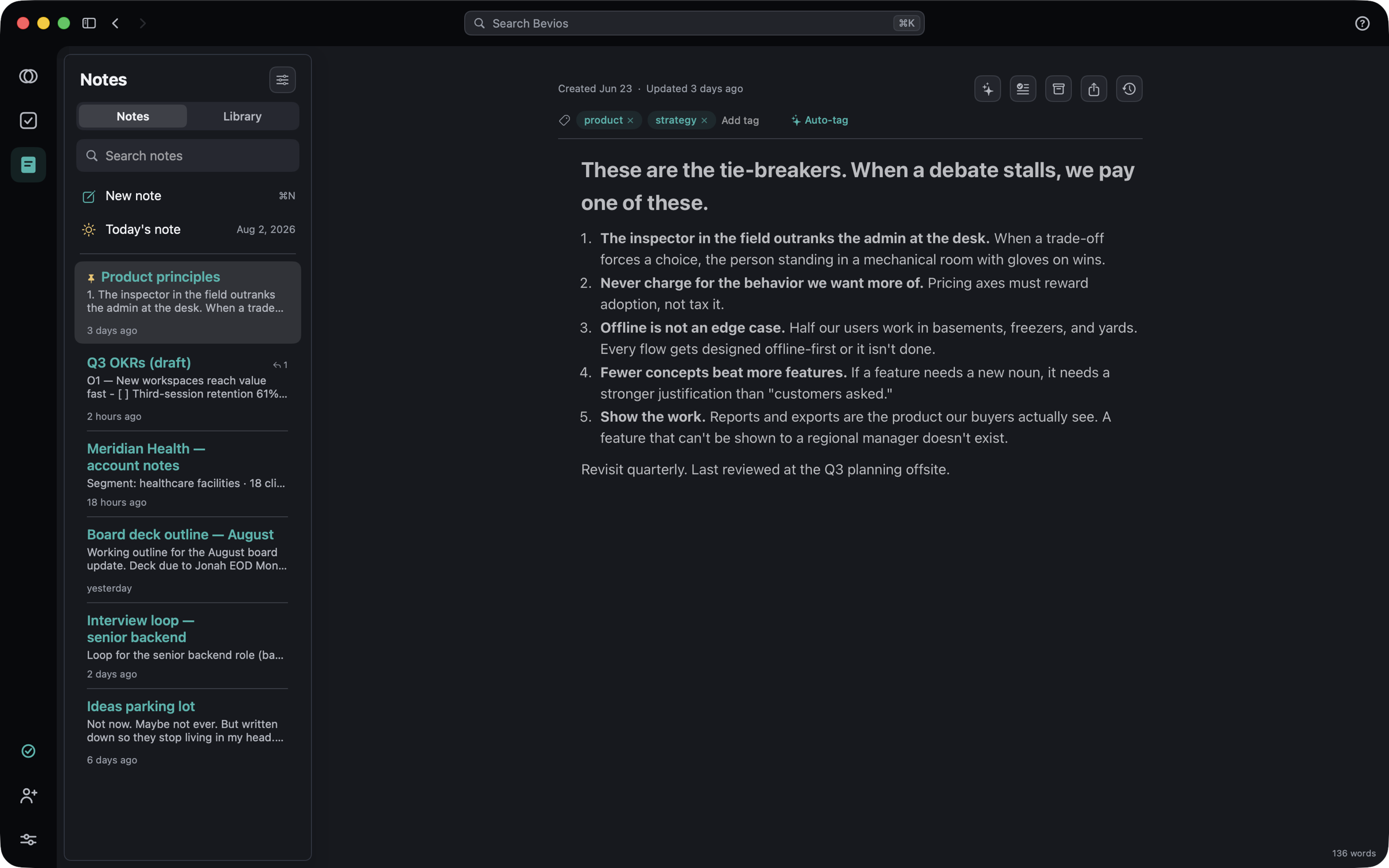 The Notes app: the note list with a daily note and six notes, and an open note with tags, auto-tag, and a numbered list.
