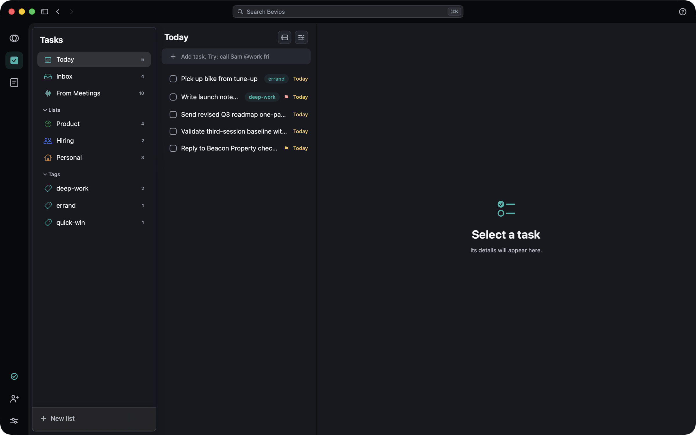 The Tasks app: Today with five items, the Inbox and From Meetings lists, and Product, Hiring and Personal lists with tags below.